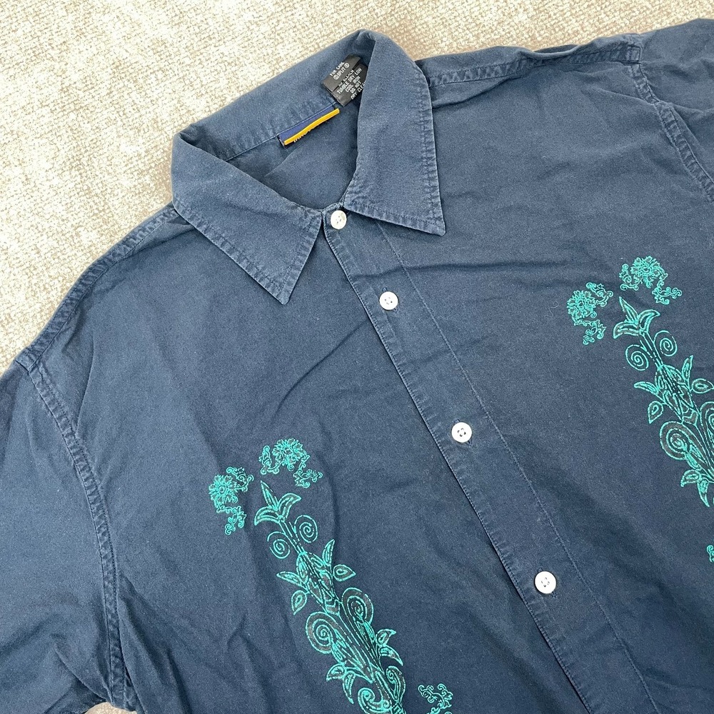 Split Shirt Mens Large Blue Bodhisattva Mandala Motif Cotton Side Slit Button Up